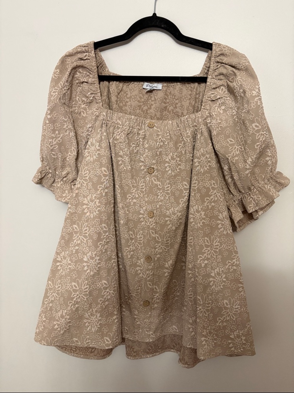 Polagram Taupe Floral Square-Neck Puff Sleeve Top
